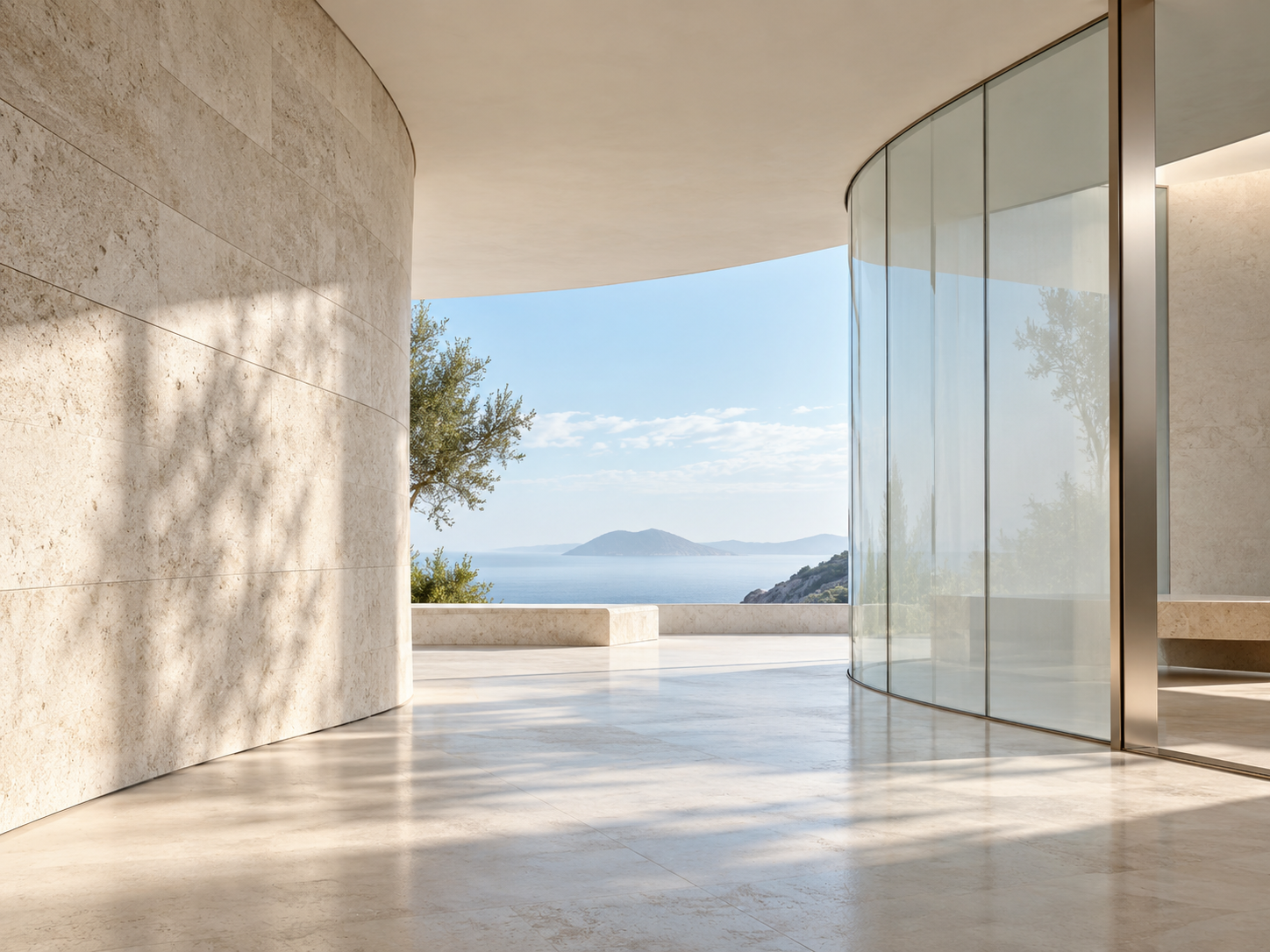 Espacio arquitectónico sereno con piedra clara, vidrio y luz natural